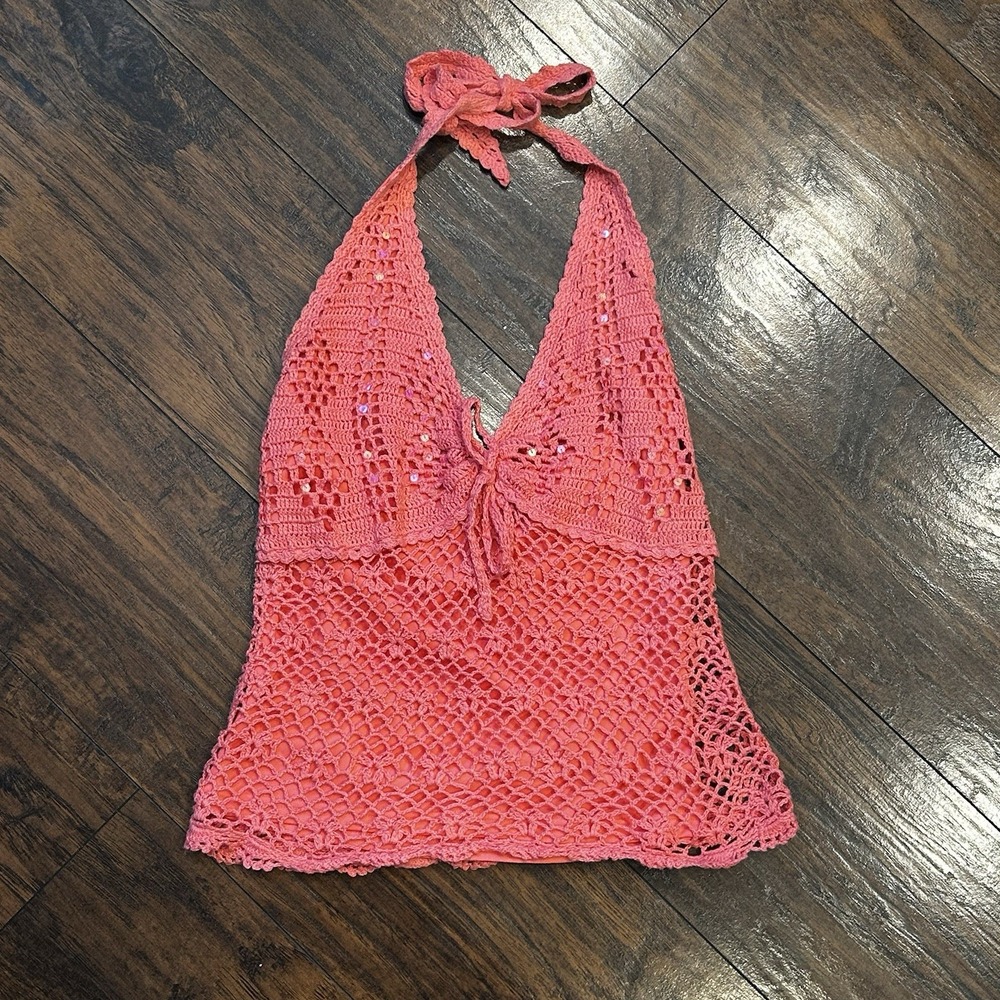 Vintage Y2K Venus USA Sequin Crochet Halter Top, Women's Size Small